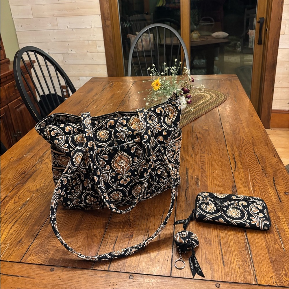 Vera Bradley caffe au latte , 3 piece shoulder bag wallet keychain set